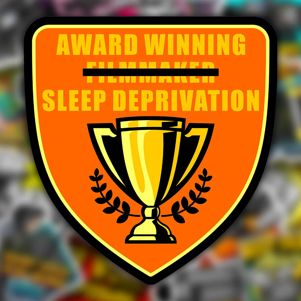 MotionPicturePeels matte stickers. embroidered patches. velcro patches. funny stickers. Funny filmmaker stickers. Funny patches. Camera Stickers. Filmmaker Stickers. Filmmaking Stickers. Moviesetmemes. Moviesethumor. film memes. filmmaker memes. filmmaking memes. setlife. embroidered patches. filmset memes. award winning sleep deprivation sticker