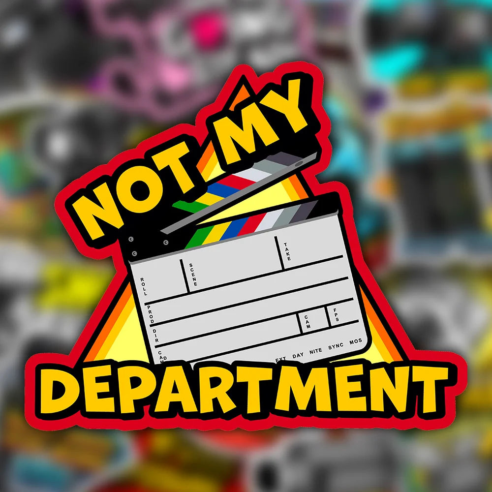 MotionPicturePeels matte stickers. embroidered patches. velcro patches. funny stickers. Funny filmmaker stickers. Funny patches. Camera Stickers. Filmmaker Stickers. Filmmaking Stickers. Moviesetmemes. Moviesethumor. film memes. filmmaker memes. filmmaking memes. setlife. embroidered patches. filmset memes not my department sticker